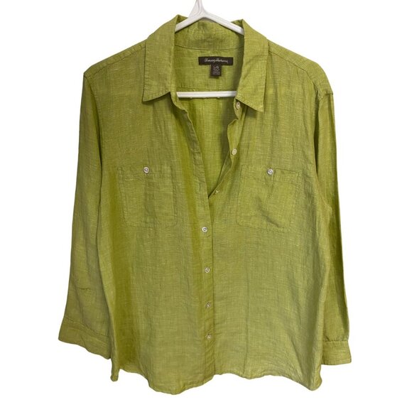 TOMMY BAHAMA LINEN BRIGHT GREEN RESORTWEAR VACATION ESSENTIAL TOP - Large - Picture 1 of 5